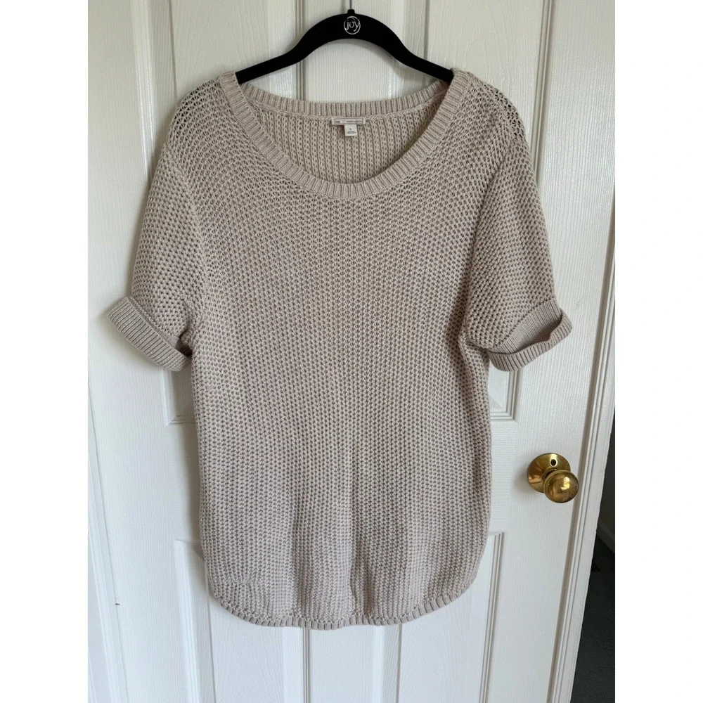 Gap Womens Short Sleeve Textured Knit‎ Sweater Oatmeal Beige Crew Neck Large